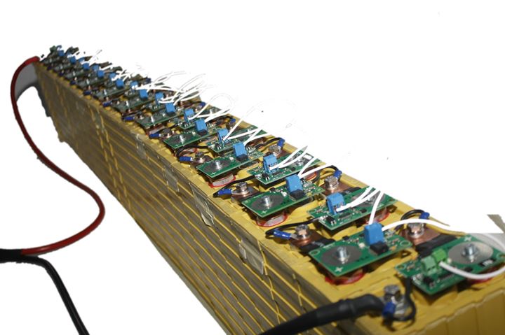 LiFePO4 battery modules in a row, each with its own small battery management circuit board